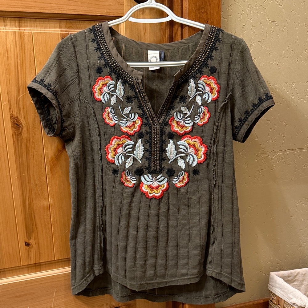 Anthropologie Olive Embroidered Blouse